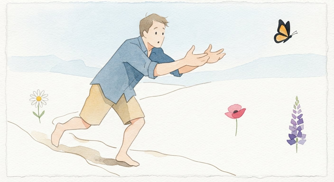 Ilustración de un hombre que persigue una mariposa y no la alcanza, metáfora del esfuerzo por conciliar el sueño