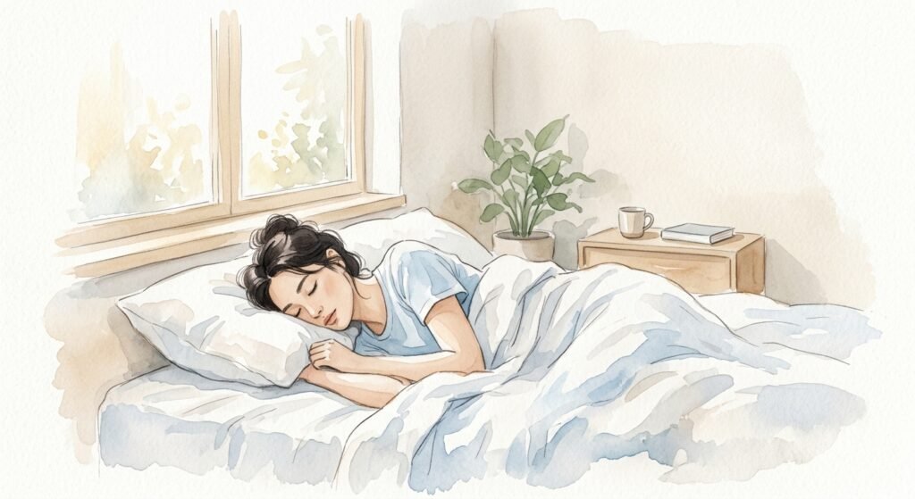 Mujer durmiendo de costado al amanecer, ilustración sobre el sueño bifásico y el despertar nocturno