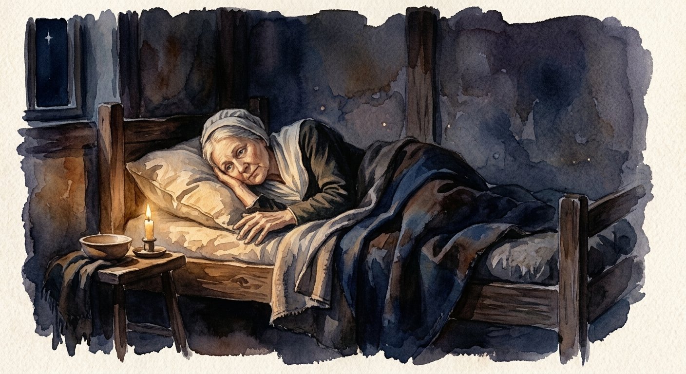 Mujer despierta en la cama a la luz de una vela en una alcoba preindustrial, ilustración de la vigilia entre el primer y el segundo sueño